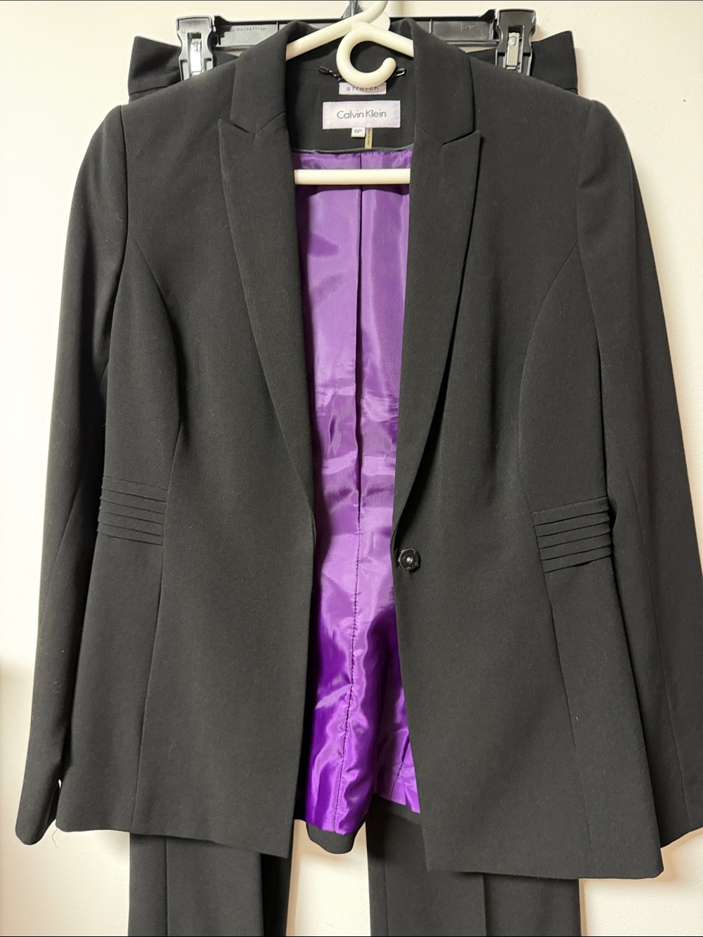 Calvin Klein Black Women's Single-Button Blazer with Purple Satin Lining